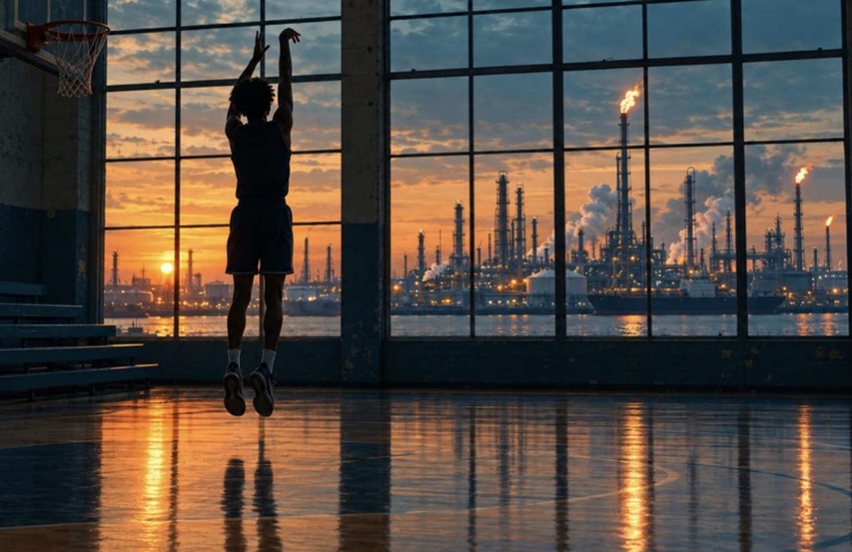 A player rising for a jump shot in a gym with tall windows overlooking a refinery at sunset